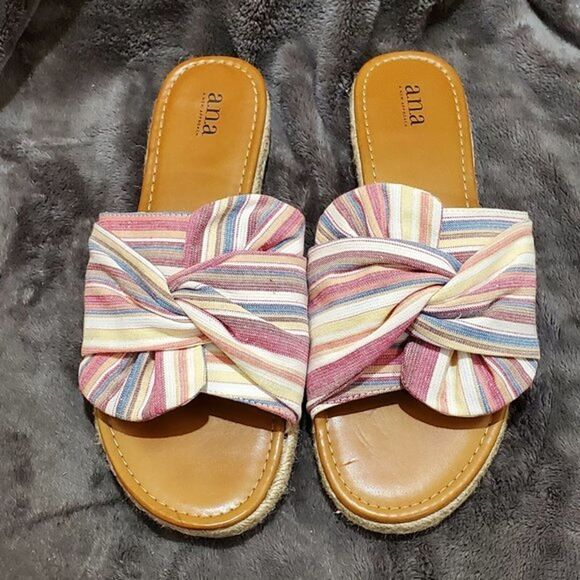 A.N.A. WOMEN'S Size 11 Flat SANDALS Striped Bow Pastel Rainbow Slip On Slide - Picture 1 of 6